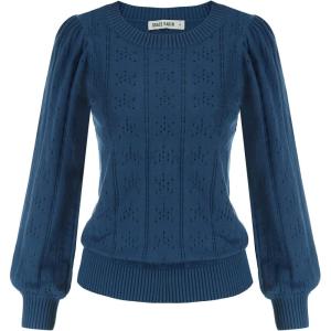 imageGRACE KARIN Womens Long Lantern Sleeve Crew Neck Crochet Top Hollow Out Fall Pullover SweaterCl0834 Navy Blue Long Sleeve