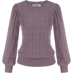 imageGRACE KARIN Womens Long Lantern Sleeve Crew Neck Crochet Top Hollow Out Fall Pullover SweaterCl0834 Purple Long Sleeve