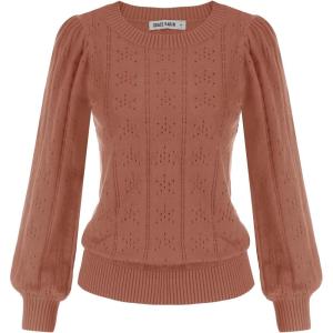 imageGRACE KARIN Womens Long Lantern Sleeve Crew Neck Crochet Top Hollow Out Fall Pullover SweaterCl0834 Red Brown Long Sleeve