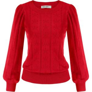 imageGRACE KARIN Womens Long Lantern Sleeve Crew Neck Crochet Top Hollow Out Fall Pullover SweaterCl0834 Red Long Sleeve