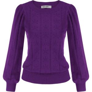 imageGRACE KARIN Womens Long Lantern Sleeve Crew Neck Crochet Top Hollow Out Fall Pullover SweaterDark Purple