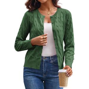 imageGRACE KARIN Womens Long Sleeve Button Up Cable Knit Cardigan Lightweight 2025 Crewneck Button Down Sweaters for WomenArmy Green