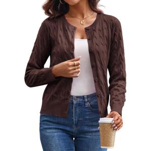 imageGRACE KARIN Womens Long Sleeve Button Up Cable Knit Cardigan Lightweight 2025 Crewneck Button Down Sweaters for WomenDark Brown
