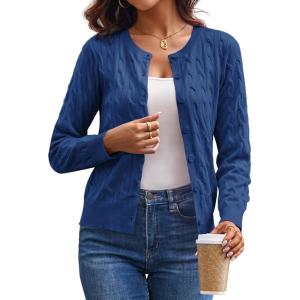 imageGRACE KARIN Womens Long Sleeve Button Up Cable Knit Cardigan Lightweight 2025 Crewneck Button Down Sweaters for WomenDenim Blue