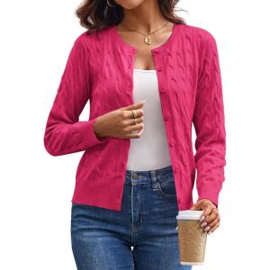 imageGRACE KARIN Womens Long Sleeve Button Up Cable Knit Cardigan Lightweight 2025 Crewneck Button Down Sweaters for WomenHot Pink