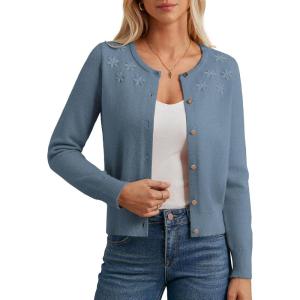 imageGRACE KARIN Womens Long Sleeve Knitted Cardigan Sweaters Crew Neck Button Up Fuzzy Flower Sweaters Fall OutfitsGray Blue