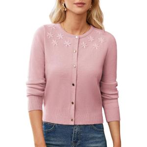 imageGRACE KARIN Womens Long Sleeve Knitted Cardigan Sweaters Crew Neck Button Up Fuzzy Flower Sweaters Fall OutfitsPink