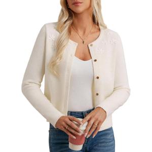 imageGRACE KARIN Womens Long Sleeve Knitted Cardigan Sweaters Crew Neck Button Up Fuzzy Flower Sweaters Fall OutfitsWhite