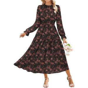imageGRACE KARIN Womens Long Sleeve Maxi Dress Fall 2025 Chiffon Flowy Wedding Guest Dresses Floral Tiered Dress with PocketsBlack and Pink Floral