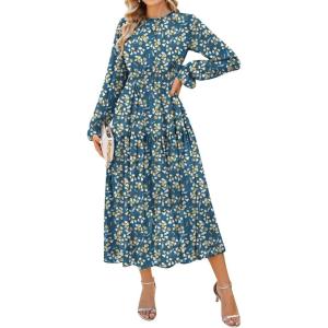 imageGRACE KARIN Womens Long Sleeve Maxi Dress Fall 2025 Chiffon Flowy Wedding Guest Dresses Floral Tiered Dress with PocketsBlue Green and Yellow Floral