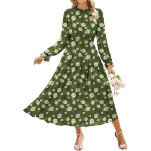 imageGRACE KARIN Womens Long Sleeve Maxi Dress Fall 2025 Chiffon Flowy Wedding Guest Dresses Floral Tiered Dress with PocketsGreen and White Floral