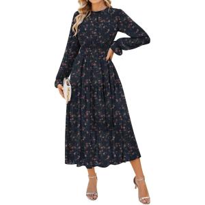 imageGRACE KARIN Womens Long Sleeve Maxi Dress Fall 2025 Chiffon Flowy Wedding Guest Dresses Floral Tiered Dress with PocketsNavy Blue Rose Floral