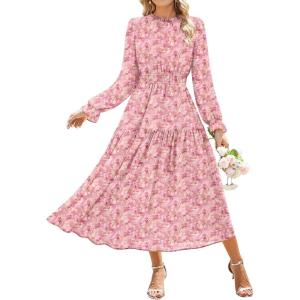 imageGRACE KARIN Womens Long Sleeve Maxi Dress Fall 2025 Chiffon Flowy Wedding Guest Dresses Floral Tiered Dress with PocketsPink and Yellow White Floral