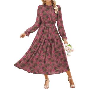 imageGRACE KARIN Womens Long Sleeve Maxi Dress Fall 2025 Chiffon Flowy Wedding Guest Dresses Floral Tiered Dress with PocketsVintage Rose Pink Floral