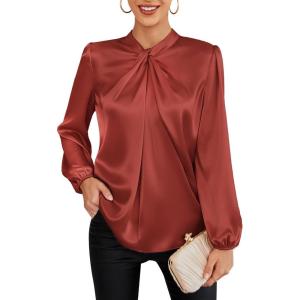 imageGRACE KARIN Womens Long Sleeve Satin BlouseMock Neck Work Silk ShirtsDressy Tops for Business Casual OfficeBrick Red