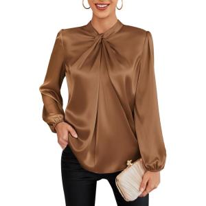 imageGRACE KARIN Womens Long Sleeve Satin BlouseMock Neck Work Silk ShirtsDressy Tops for Business Casual OfficeDark Brown