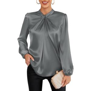 imageGRACE KARIN Womens Long Sleeve Satin BlouseMock Neck Work Silk ShirtsDressy Tops for Business Casual OfficeDark Gray