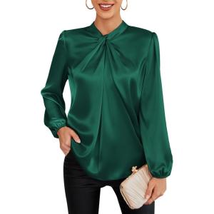 imageGRACE KARIN Womens Long Sleeve Satin BlouseMock Neck Work Silk ShirtsDressy Tops for Business Casual OfficeDark Green