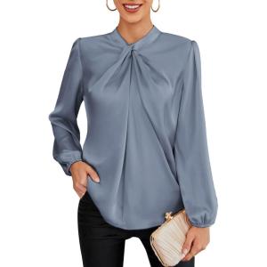 imageGRACE KARIN Womens Long Sleeve Satin BlouseMock Neck Work Silk ShirtsDressy Tops for Business Casual OfficeGray