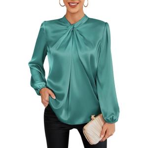 imageGRACE KARIN Womens Long Sleeve Satin BlouseMock Neck Work Silk ShirtsDressy Tops for Business Casual OfficeGray Green