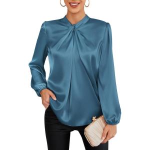 imageGRACE KARIN Womens Long Sleeve Satin BlouseMock Neck Work Silk ShirtsDressy Tops for Business Casual OfficeGrey Blue