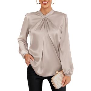 imageGRACE KARIN Womens Long Sleeve Satin BlouseMock Neck Work Silk ShirtsDressy Tops for Business Casual OfficeKhaki
