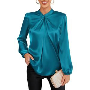 imageGRACE KARIN Womens Long Sleeve Satin BlouseMock Neck Work Silk ShirtsDressy Tops for Business Casual OfficePeacock Blue