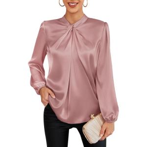 imageGRACE KARIN Womens Long Sleeve Satin BlouseMock Neck Work Silk ShirtsDressy Tops for Business Casual OfficePink