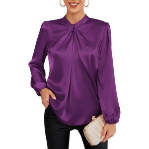 imageGRACE KARIN Womens Long Sleeve Satin BlouseMock Neck Work Silk ShirtsDressy Tops for Business Casual OfficePurple