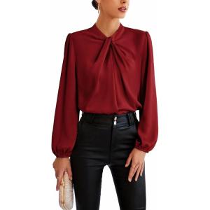 imageGRACE KARIN Womens Long Sleeve Satin BlouseMock Neck Work Silk ShirtsDressy Tops for Business Casual OfficeWine Red