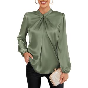 imageGRACE KARIN Womens Long Sleeve Satin BlouseMock Neck Work Silk ShirtsDressy Tops for Business Casual OfficeYellow Green