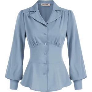 imageGRACE KARIN Womens Long Sleeve Tops Business Casual Dressy Button Down Peplum Blouses Fall Collared Work Elegant ShirtBlue