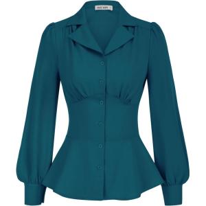 imageGRACE KARIN Womens Long Sleeve Tops Business Casual Dressy Button Down Peplum Blouses Fall Collared Work Elegant ShirtBlue Green