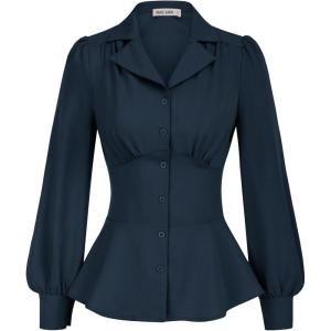 imageGRACE KARIN Womens Long Sleeve Tops Business Casual Dressy Button Down Peplum Blouses Fall Collared Work Elegant ShirtNavy Blue