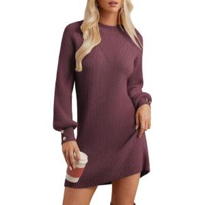 imageGRACE KARIN Womens Mock Neck Long Lantern Sleeve Sweater Dress 2025 Oversized Casual Knit Pullover Tunic DressBurgundy