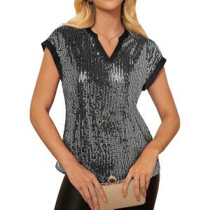 imageGRACE KARIN Womens Sequin Tops 2025 Cap Sleeve Sparkly Tops Glitter Party Dressy Blouses Fall V Neck Club Concert ShirtsSilver Black