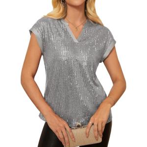 imageGRACE KARIN Womens Sequin Tops 2025 Cap Sleeve Sparkly Tops Glitter Party Dressy Blouses Fall V Neck Club Concert ShirtsSilver Grey