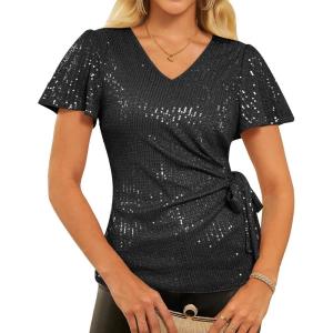 imageGRACE KARIN Womens Sequin Tops 2025 Ruffle Sleeve Sparkly Shirt Glitter Party Blouses Dressy Concert Disco OutfitsBlack
