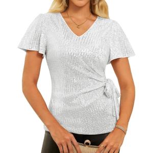 imageGRACE KARIN Womens Sequin Tops 2025 Ruffle Sleeve Sparkly Shirt Glitter Party Blouses Dressy Concert Disco OutfitsSilver