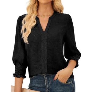 imageGRACE KARIN Womens Tops Dressy Casual 34 Lantern Sleeve Lace Trim V Neck Tunics Business Work Blouses Trendy Fashion 2025Black