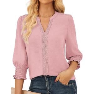 imageGRACE KARIN Womens Tops Dressy Casual 34 Lantern Sleeve Lace Trim V Neck Tunics Business Work Blouses Trendy Fashion 2025Pink