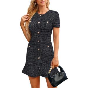 imageGRACE KARIN Womens Tweed Dress 2025 Summer Short Sleeve Button Bodycon Elegant Work Mini Dress Casual Dresses with PocketDark Black