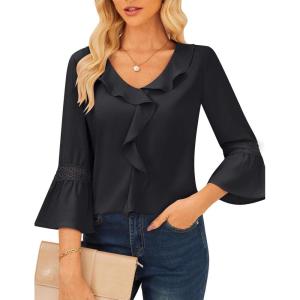 imageGRACE KARIN Womens V Neck Ruffle Tops 34 Sleeve Tops Business Casual Blouses Dressy Shirts Lace Patchwork ShirtsBlack