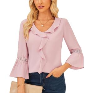 imageGRACE KARIN Womens V Neck Ruffle Tops 34 Sleeve Tops Business Casual Blouses Dressy Shirts Lace Patchwork ShirtsLight Pink