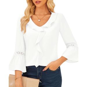 imageGRACE KARIN Womens V Neck Ruffle Tops 34 Sleeve Tops Business Casual Blouses Dressy Shirts Lace Patchwork ShirtsWhite
