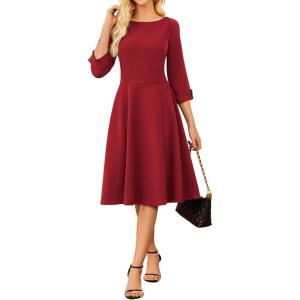 imageGRACE KARIN Work Dresses for Women 2025 34 Sleeve Fit and Flare Business Midi Dress Classy Office Dresses with PocketsRed
