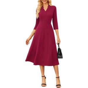 imageGRACE KARIN Work Dresses for Women 2025Midi Business Dress34 Sleeve Classy Fit and Flare Dress with PocketDark Red