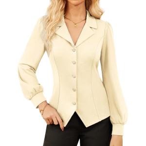 imageGRACE KARIN Work Shirts for Women Lantern Long Sleeve V Neck Blouse Button Down Elegant Business Office TopApricot