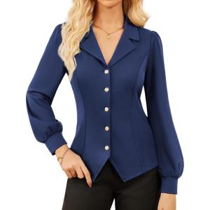 imageGRACE KARIN Work Shirts for Women Lantern Long Sleeve V Neck Blouse Button Down Elegant Business Office TopDark Blue