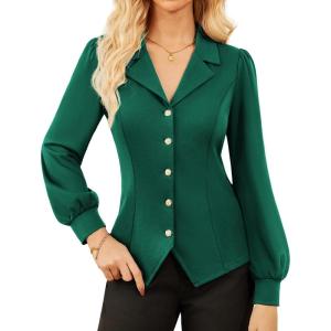 imageGRACE KARIN Work Shirts for Women Lantern Long Sleeve V Neck Blouse Button Down Elegant Business Office TopDark Green
